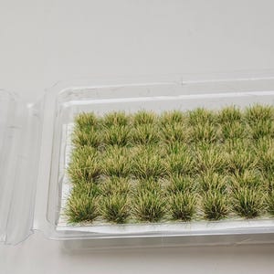 May include: Miniature figure of a hooded bard playing a lute, next to a tray of model grass tufts. The figure is gray, and the grass is green and tan. The items are in clear plastic containers.