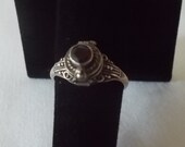 Vintage Sterling Silver Poison Ring 925 Fine Jewelry Sz 8 3 4 Snuff Locket Pill Box Ring Womans Teen Harley Rider Hippie Stash Ring GARNET