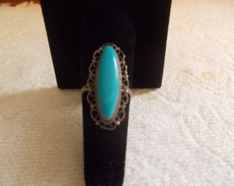 Vintage~Native American~Sterling Silver~Turquoise~Ring~Southwestern~925~Fine~Jewelry~Sz. 6.75~Womans~1960's~Womens~Teen~Nice