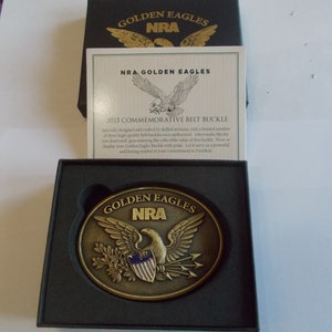 Vintage~NRA~Belt Buckle~Original Box~Never Used~Hunter~Gun Collector~Firearms~Rife~Gift~Accessory~Brass~Golden Eagles