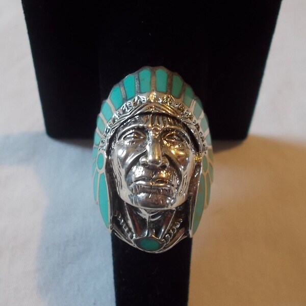 BIG~Sterling Silver~Turquoise~Chief~Ring~Indian~Chief~Headdress~Native~American~Chief~Size~8~Fine~925~Men's~Jewelry~14+gm~Man's