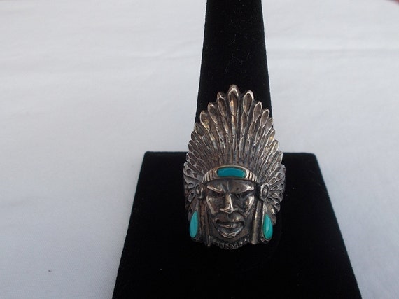 Vintage~Sterling Silver~Turquoise~Chief~Ring~India
