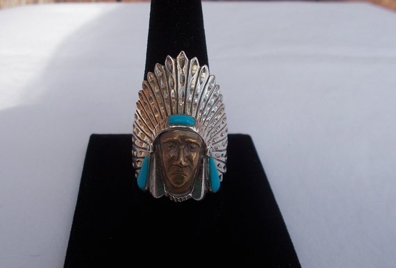 Vintage~Sterling Silver~Turquoise~Chief~Ring~India