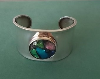 Vintage~Wide~Sterling Silver~Cuff~Dichroic Glass~Bracelet~Heavy~Hippie~Harley Rider~Boho~925~Womans Jewelry~Teen~35+gm