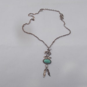 Vintage~Sterling Silver~Turquoise~Pendant~Necklace~Horse~Feathers~2 1/2&quot;~Pendant~19&quot;~Native American~Signed~925 Jewelry~Mens~Woman&#39;s~11+gm.