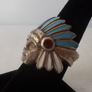 OLDSterling SilverTurquoiseMOPChiefRingIndianChiefHeaddressNativeAmericanChiefSz. 7 1/2 Fine925Jewelry16gm.BikerHarley image 2