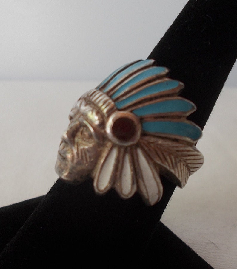 OLDSterling SilverTurquoiseMOPChiefRingIndianChiefHeaddressNativeAmericanChiefSz. 7 1/2 Fine925Jewelry16gm.BikerHarley image 2