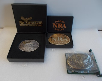 Vintage~NRA~Belt Buckle~Original Box~Never Used~Hunter~Gun Collector~Firearms~Rifle~Accessory~1994~Golden Eagles~Gift~YOUR CHOICE--C-1-2-3