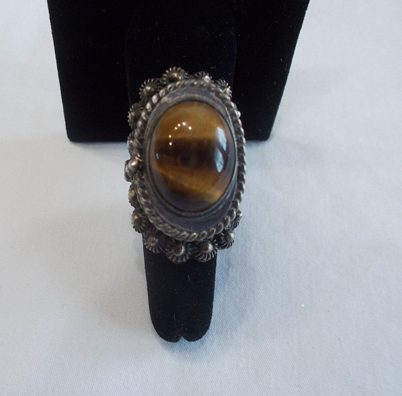 Big~Vintage~Sterling Silver~Poison Ring~Signed~925 Fine Jewelry~Tigers Eye Stone~Mexico~Size 9~Adj.~22+gm.~Snuff~Locket~Pill Box~Cats Eye