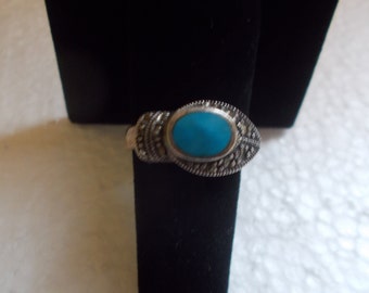 Vintage~Sterling Silver~Turquoise~Ring~70's~Turquoise~Marcasite~925~Fine~Jewelry~Woman's~Old~Stock~Women's~Girls~Size~7.75~Nice