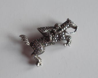 Vintage~Jumping~Horse~Pin~Brooch~3D~Marcasites~Sterling Silver~7.6gm~Fine~925~Jewelry~Equestrian~Thoroughbred~Fox Hunter~Show Jumper~Eventer