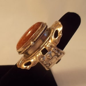 Vintage~Sterling Silver~Poison Ring~925~Womens Fine Jewelry~GOLDSTONE~Mexico~Size 8~12~Adj.~13+gm.~Snuff~Locket~Pill Box Ring~Womans
