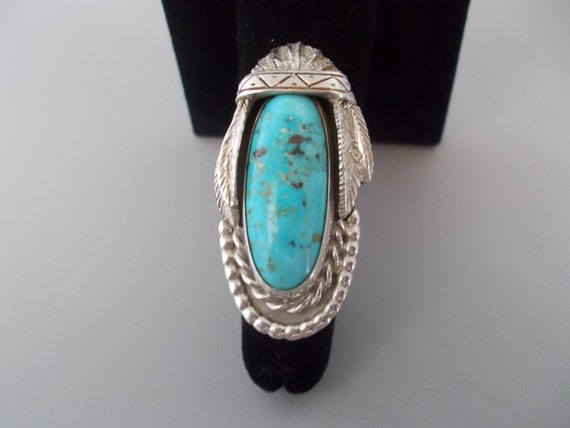 BIG~Sterling Silver~Turquoise~Chief~Ring~Unusual~… - image 4