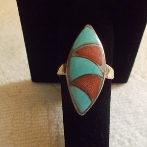 Old~Pawn~Native American~Turquoise~Coral~Ring~925~Fine~Jewelry~Sz. 9 1/2~Womans~Sterling Silver~1960&#39;s~Womens~Unusual~Ring~4.5gm.~Nice