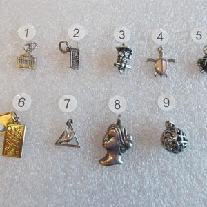 May include: A collection of nine small metal charms, each with a different design. The charms include a building, a cell phone, an owl, a turtle, a flower, a box with a cake, a triangle, a woman's head, and a globe.