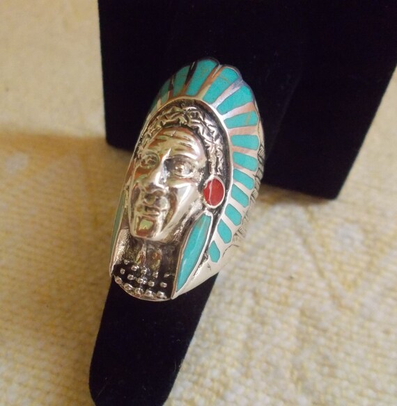 Vintage~Sterling Silver~Turquoise~Chief~Ring~Indi… - image 2