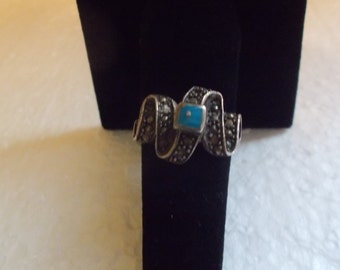 Vintage~Sterling Silver~Turquoise~Ring~70's~Turquoise~Marcasite~925~Fine~Jewelry~Womans~Old~Stock~Womens~Girls~Size~7.75~8~Nice~Thick~Silver