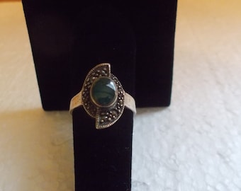Vintage~Sterling Silver~Green~Turquoise~Ring~70's~Turquoise~Marcasite~925~Fine~Jewelry~Womans~Old~Stock~Womens~Girls~Size~7.75~Nice