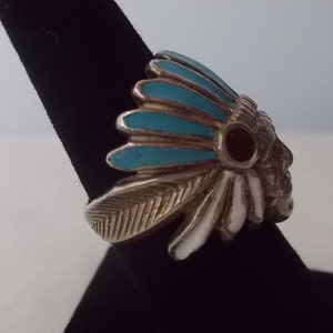 OLDSterling SilverTurquoiseMOPChiefRingIndianChiefHeaddressNativeAmericanChiefSz. 7 1/2 Fine925Jewelry16gm.BikerHarley image 3