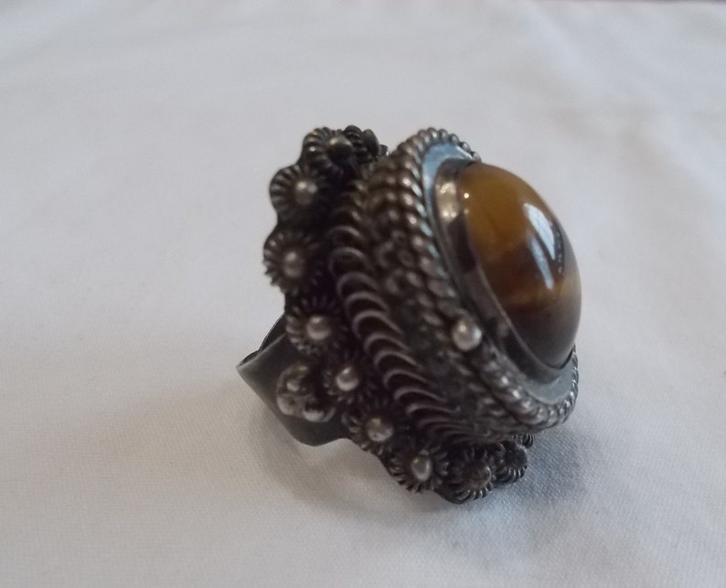 Big~Vintage~Sterling Silver~Poison Ring~Signed~925 Fine Jewelry~Tigers Eye Stone~Mexico~Size 9~Adj.~22+gm.~Snuff~Locket~Pill Box~Cats Eye