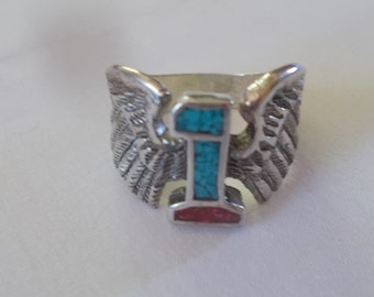 Vintage~Old~G & S~#1~Wings~Ring~Biker~Jewelry~Sizes~Harley Davidson Rider~Biker~Signed~7+gm.~Turquoise~Coral~80's~Mens~Womans~Jewelry~Mans