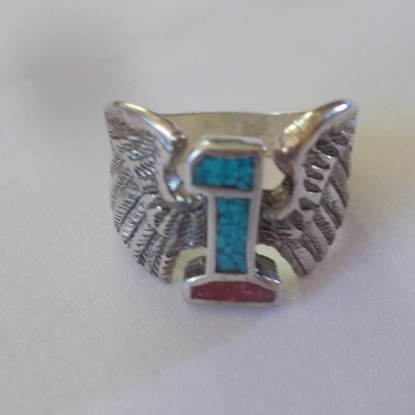 Vintage~Old~G & S~#1~Wings~Ring~Biker~Jewelry~Sizes~Harley Davidson Rider~Biker~Signed~7+gm.~Turquoise~Coral~80's~Mens~Womans~Jewelry~Mans