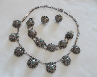 Antique~Sterling Silver~Turquoise~Necklace~Bracelet~Earrings~Set~18"~MEXICO~Signed~925~Fine~Jewelry~Woman's~Cowgirl~Harley Rider~79gm.
