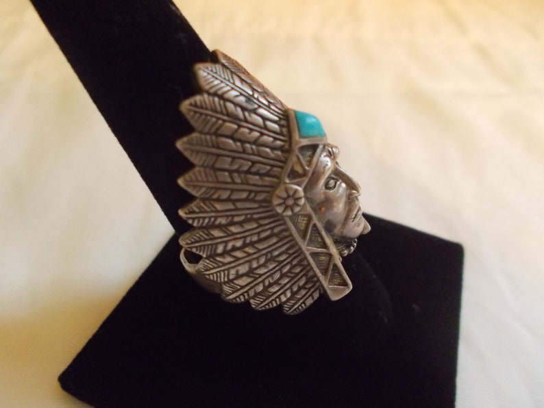 VintageSterling SilverTurquoiseChiefRingIndianChiefHeaddressNativeAmericanChiefSz.10.75-11Fine925MensJewelry13gm.Harley image 3