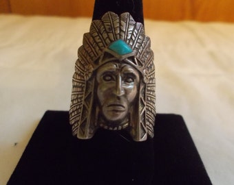 Vintage~Sterling Silver~Turquoise~Chief~Ring~Indian~Chief~Headdress~Native~American~Chief~Sz.~10.75-11~Fine~925~Mens~Jewelry~13+gm.~Harley