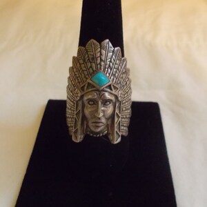 VintageSterling SilverTurquoiseChiefRingIndianChiefHeaddressNativeAmericanChiefSz.10.75-11Fine925MensJewelry13gm.Harley image 4