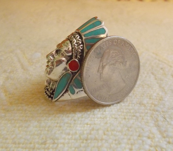 Vintage~Sterling Silver~Turquoise~Chief~Ring~Indi… - image 6