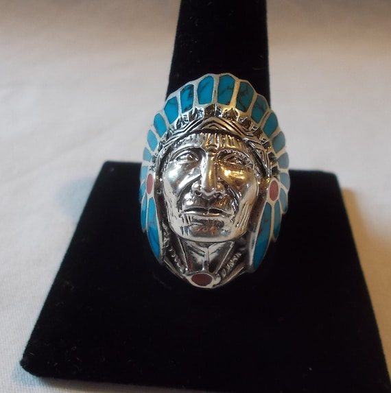 BIG~Sterling Silver~Turquoise~Coral~Chief~Ring~Ind