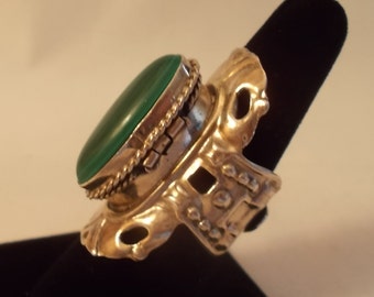 Vintage~Sterling Silver~Poison Ring~925~Mens Fine Jewelry~Malachite~Mexico~Size 8~13~Adj.~14+gm.~Snuff~Locket~Pill Box Ring~Big Mans~Womans