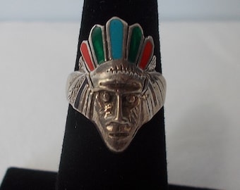 Sterling Silver~Turquoise~Multi~Gem~Stone~Indian~Chief~RING~Headdress~Native~American~Chief~Size~5 1/2~Fine~925~Women's~Child~Jewelry~4.5gm