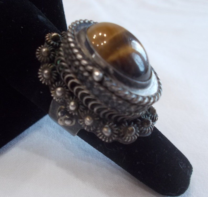 Big~Vintage~Sterling Silver~Poison Ring~Signed~925 Fine Jewelry~Tigers Eye Stone~Mexico~Size 9~Adj.~22+gm.~Snuff~Locket~Pill Box~Cats Eye