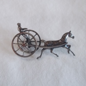 Antique~Horse~Sulky~Racehorse~Pin~Brooch~Sterling Silver~50&#39;s~Fine~925~Jewelry~Equestrian~Woman&#39;s~Men&#39;s~Lapel~Hat~Pin~Standbred~Trotter~Gift