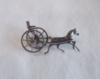 Antique~Horse~Sulky~Racehorse~Pin~Brooch~Sterling Silver~50's~Fine~925~Jewelry~Equestrian~Woman's~Men's~Lapel~Hat~Pin~Standbred~Trotter~Gift