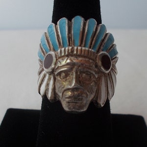 OLDSterling SilverTurquoiseMOPChiefRingIndianChiefHeaddressNativeAmericanChiefSz. 7 1/2 Fine925Jewelry16gm.BikerHarley image 1