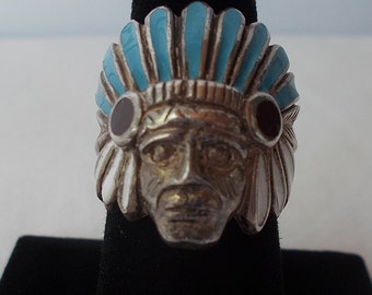 OLD~Sterling Silver~Turquoise~MOP~Chief~Ring~Indian~Chief~Headdress~Native~American~Chief~Sz. 7 1/2 Fine~925~Jewelry~16gm.~Biker~Harley