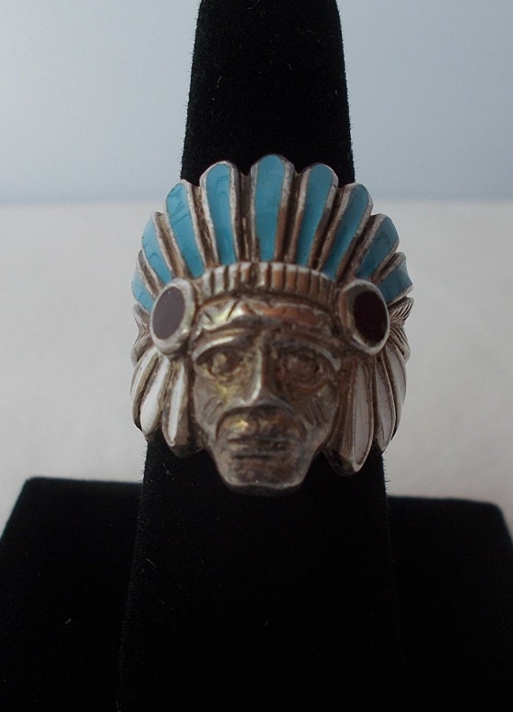 OLD~Sterling Silver~Turquoise~MOP~Chief~Ring~Indi… - image 1