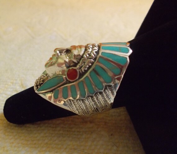 Vintage~Sterling Silver~Turquoise~Chief~Ring~Indi… - image 3