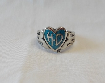 Genuine~Licensed~HARLEY DAVIDSON~Ring~Turquoise~HD~Heart~Flames~90's~Old~Stock~Sizes~4 thru~9~Woman's~Teen~Harley Rider Jewelry~Women's~
