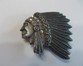 Large~Native American~Indian~Chief~Pin~Brooch~Jewelry~Pewter~2 1/8"~Biker~Accessory~Harley Rider~Gift