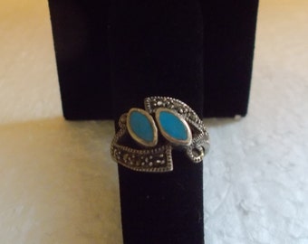 Vintage~Sterling Silver~Turquoise~Ring~70's~Turquoise~Marcasite~925~Fine~Jewelry~Womans~Old~Stock~Womens~Girls~Size~5.5~Nice~Thick~Silver