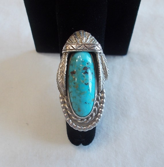 BIG~Sterling Silver~Turquoise~Chief~Ring~Unusual~… - image 1