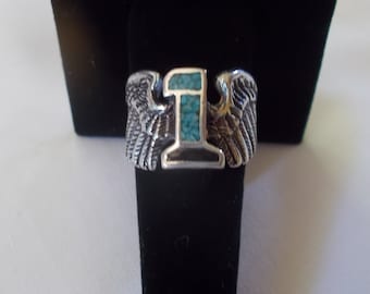 Vintage~Old~G & S~#1~Wings~Ring~Biker~Jewelry~Sizes~Harley Davidson Rider~Biker~Signed~7+gm.~Turquoise~Onyx~80's~Mens~Womans~Jewelry~Mans