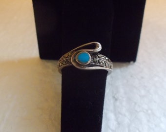 Vintage~Sterling Silver~Turquoise~Ring~70's~Turquoise~Marcasite~925~Fine~Jewelry~Womans~Old~Stock~Womens~Girls~Size~6.75-7~Nice~Thick~Silver