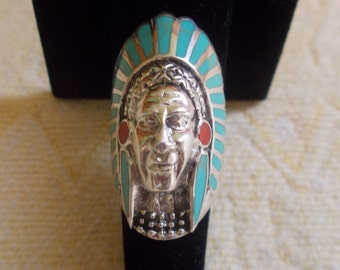 Vintage~Sterling Silver~Turquoise~Chief~Ring~Indian~Chief~Headdress~Native~American~Chief~Sz.~8~Fine~925~Mens~Jewelry~11+gm.~Biker~Harley