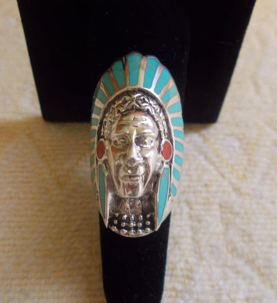 Vintage~Sterling Silver~Turquoise~Chief~Ring~Indi… - image 1