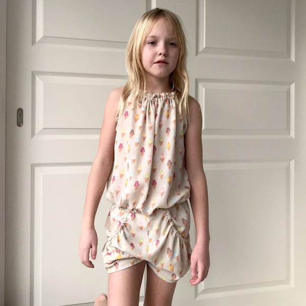 Ice Cream - PDF sewing pattern with girl's jumpsuit, shorts and top + E-book with detailed instructions